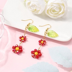 (123L) Белый крем непрозрачный блеск Гальванических стеклянные болтаться серьги, цветок, с прозрачным стеклом, золотые, огнеупорный кирпич, 68~69x17 мм