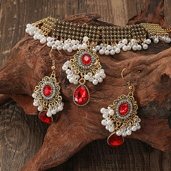 Oval Ожерелье и серьги-подвески из цинкового сплава, страз и пластикового жемчуга в стиле бохо, античное золото , овальные, 380 мм и 66x30 мм