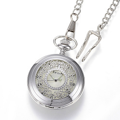 Platinum Carved Alloy Flat Round Pendant Necklace Quartz Pocket Watches, with Iron Chains, Platinum, 14.56 inch(37cm)