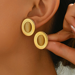 Кошачий Глаз Винтажные серьги-гвоздики из нержавеющей стали с кошачьим глазом, овальные, золотые, 23x13 мм