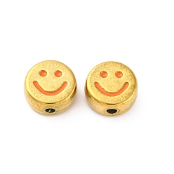 Оранжевый 304 из нержавеющей стали эмаль бисер, ионное покрытие (ip), реальный 18 k позолоченный, плоские круглые с улыбающееся лицо, оранжевые, 9.5~10x5 мм, отверстие : 1.6 мм
