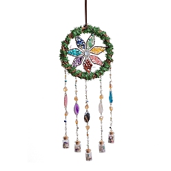 Mixed Stone 7 Chakra Natural & Synthetic Gemstone Chips Wreath Hanging Suncatchers, with Agate Pendants & Glass Bottle for Outdoor & Garden Decor, 645mm