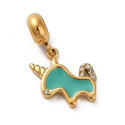 Светлый Морско-зеленый Ионное покрытие (ip) 304 европейские подвески из эмали из нержавеющей стали, подвески с большими отверстиями и хрустальными стразами, единорог, золотые, светло-зеленый, 26 мм, Кулон : 15x16x2.5 мм, отверстие : 4.5 мм