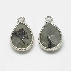 Labradorite Natural Labradorite Pendants, with Platinum Tone Brass Findings, Faceted, teardrop, 22~24x14~15x5~6mm, Hole: 2mm