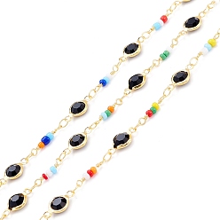 Colorful Handmade Brass Glass Flat Round Link Chains, with Glass Seed Beads, Long-Lasting Plated, Soldered, with Spool, Golden, Colorful, 13.5x2mm, 12.5x6.5x3mm, about 32.8 Feet(10m)/roll