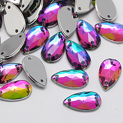Разноцветный Шить на горный хрусталь, Тайвань акриловые горный хрусталь, два отверстия, аксессуары для одежды, Грановитая Teardrop, красочный, 13x8x3.5 мм, отверстие: 1 мм