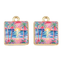 Colorful Printed Alloy Pendants, Square with Sandbeach & Coconut Tree Charms, Golden, Rack Plating, Colorful, 18x15x5mm, Hole: 1.8mm
