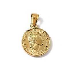 Настоящее золото 18K 304 подвески из нержавеющей стали, ионное покрытие (ip), плоский круглый с человеческим обаянием, реальный 18 k позолоченный, 18.5x15.5x3 мм, отверстие : 3.5x4.5 мм