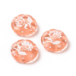 Light Salmon Spray Painted Transparent Acrylic Beads, Flat Round with Flower, Light Salmon, 18x5.3mm, Hole: 1.6mm, about 399pcs/500g