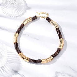 Кокосово-Коричневый 12мм двухцветные акрил, пластик ccb и кокосовые изогнутые трубчатые бусины ожерелья для женщин, золотые, кокосового коричневый, 16.50 дюйм (41.9 см)