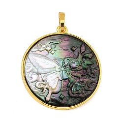Black Lip Shell Rack Plating Carved Natural Black Lip Shell Pendants, Flat Round with Butterfly Charm, with Brass Findings, 30x27x30mm, Hole: 5.5x3.5mm