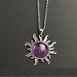 Аметист Подвеска в виде солнца из натурального аметиста, цепочка из сплава, винтажное ожерелье, платина, 19.69 дюйм (50 см)