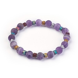 Amethyst Stretch Bracelets, Frosted, with Natural Amethyst Beads and Electroplate Non-magnetic Synthetic Hematite Beads, 2-1/4 inch(5.6cm)