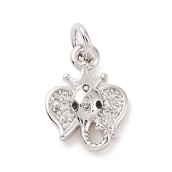 Platinum Brass Micro Pave Cubic Zirconia Charms, with Jump Ring, Elephant Head Charm, Platinum, 13.5x9.5x3.5mm, Hole: 2.8mm