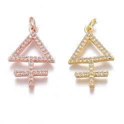 Gemischte Farbe Messing micro pave klare zirkonia anhänger, langlebig überzogen, mit Ringe springen, Dreieck mit Kreuz, Gemischte Farbe, 23x16x2 mm, Bohrung: 3 mm, Sprungring: 5x1 mm