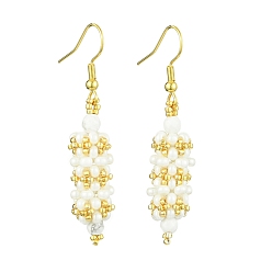 Белый Овальные серьги с подвесками из стеклянных семян, с естественными Howlite бисером, белые, 51.5x10.5 мм