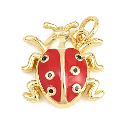 Красный Латунные микропаве прозрачные подвески с фианитом, с эмалью, Подвески в виде жука/божьей коровки, долговечный, стойки покрытие, без свинца и без кадмия, реальный 18 k позолоченный, красные, 15.5x14x4 мм, отверстие : 3.5 мм
