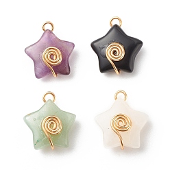 Mixed Stone Natural Mixed Stone Pendants, Star Charm, with Golden Copper Wire Wrapped, 23~24x21x8~9mm, Hole: 3mm