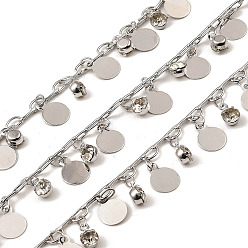 Platinum Rack Plating Brass Flat Round Link Chains, with Clear Glass Charms, Long-Lasting Plated, Soldered, with Spool, Platinum, Glass Charm: 6x4x3mm, Flat Round: 8x6x0.2mm, about 32.81 Feet(10m)/Roll