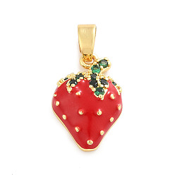 Золотой Латунные микро проложить кубического циркония подвески, клубника, с эмалью, стойки покрытие, долговечный, без свинца и без кадмия, золотые, 16x11x4.5 мм, отверстие : 5x3 мм
