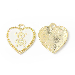 White Alloy Enamel Pendants, Heart with Bear Pattern Charm, Golden, White, 21x19x1.7mm, Hole: 2mm