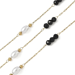 Черный 304 кабельные цепи из нержавеющей стали, со стеклом и АБС-пластиком, имитация жемчуга, ионное покрытие (ip), реальный 18 k позолоченный, пайки, с катушкой, круглый с овалом, чёрные, 9.5x3.5 мм, около 32.81 футов (10 м) / рулон