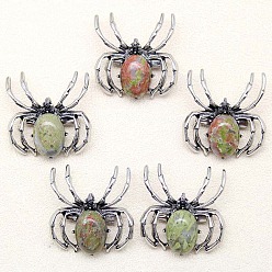 Унакит Натуральная брошь unakite, паук, античное серебро, 36x34 мм