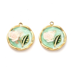 Бледно-Зеленый 304 нержавеющей стальной эмали подвески, cmолой, плоские круглые с цветком, ионное покрытие (ip), реальный 18 k позолоченный, бледно-зеленый, 22x19x5 мм, отверстие : 1.8 мм
