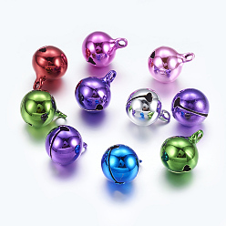 Colorful Brass Bell Pendants, Christmas Bauble, Round, Mixed Color, Size: about 12mm in diameter, 16mm long, hole: 2mm