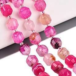 Hot Pink Natural Agate Beads Strands, Faceted, with Seed Beads, Dyed, Round, Hot Pink, 10.5x9.5mm, Hole: 1.2mm, about 31~32pcs/strand, 14.96 inch(38cm)