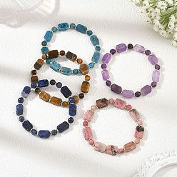 Mixed Stone Natural Mixed Stone Rectangle and Round Beaded Stretch Bracelets, Golden, Inner Diameter: 2.17 inch(5.5cm)