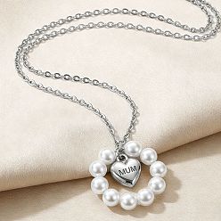 Нержавеющая Сталь Цвет 304 Кольцо из нержавеющей стали с подвеской в виде сердца из пластиковых бусин и жемчуга, подвеска в форме сердца, подарок на День матери., белые, цвет нержавеющей стали, 15.75 дюйм (40 см)