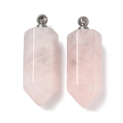 Розовый Кварц Кулоны для духов из натурального розового кварца, граненые подвески-пули для бутылок с 304 винтовыми дужками из нержавеющей стали, цвет нержавеющей стали, 42~44x16~16.5x14~14.5 мм, отверстие : 2.5 мм