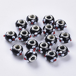 Black Handmade Bumpy Lampwork European Beads, Large Hole Beads, with Silver Color Plated Brass Double Cores, Rondelle with Flower, Black, 14~15x14~15x11mm, Hole: 5mm