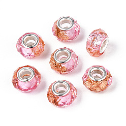 Pink Прозрачные европейские бусины-рондель из смолы, с золотой фольгой и латунными двойными сердечниками серебристого тона, бусины с большим отверстием, розовые, 13.5~14x8.5~9 мм, отверстие : 4.8~5 мм