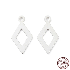 Silver 925 Sterling Silver Charms, Hollow Rhombus, Silver, 13x7x0.6mm, Hole: 1mm