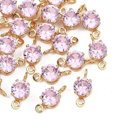 Pink SHEGRACE Brass Pave Cubic Zirconia Flat Round Connector Charms, Cadmium Free & Nickel Free & Lead Free, Long-Lasting Plated, Real 18K Gold Plated, Pink, 11x5x4mm, Hole: 1mm and 1.2mm