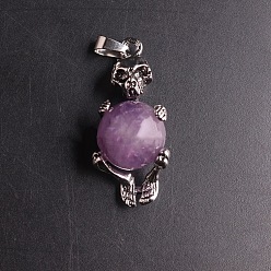 Amethyst Natural Amethyst Sphere Ball Pendants, Halloween Skeleton Metal Charms, Platinum, 16mm