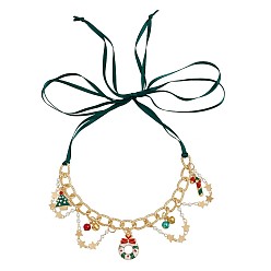 чирок Рождественский эмалированный рождественский венок из сплава, шнур из искусственной кожи, нагрудные ожерелья для женщин, золотые, зелено-синие, 37.80 дюйм (96 см)