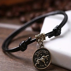 Телец Сплав плоский круглый с подвесками в виде созвездий двухслойный черный шнурок из искусственной кожи регулируемые браслеты на щиколотку, античная бронза, Телец, внутренний диаметр: 2-3/4~4-3/4 дюйм (70~120 мм)