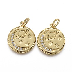 Настоящее золото 18K Латунные микропаве прозрачные подвески с фианитом, с прыжковых колец, долговечный, плоский круг и планета, звезда и луна, реальный 18 k позолоченный, 16.5x14x2 мм, отверстие : 3 мм