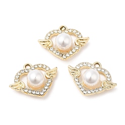 Золотой Подвески со стразами из сплава с УФ-покрытием, с абс пластмассовой имитационной жемчужиной, без кадмия и без свинца, сердце с крыла прелести, золотые, 18.5x23.5x8.5 мм, отверстие : 2 мм