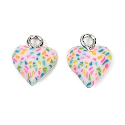 Разноцветный Подвески из полимерной глины ручной работы, сердце, с платиновыми тоновыми железными петлями, красочный, 13x10x6 мм, отверстие : 2 мм