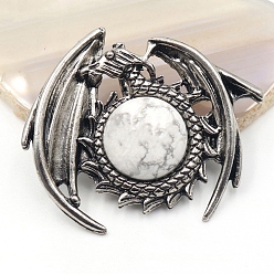 Howlite Natural Howlite Pendants, Dragon Charms, Antique Silver, 47x40mm