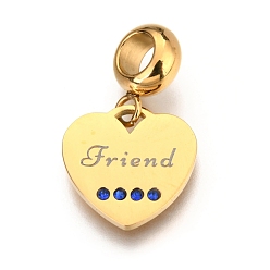 Золотой Ионное покрытие (ip) 304 подвески из нержавеющей стали в европейском стиле, Подвески с большими отверстиями, со стразами, Сердце со словом навсегда, светло-розовый, золотые, 23 мм, отверстие : 4 мм, Кулон : 13.5x14x1 мм