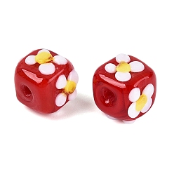 Crimson Handmade Bumpy Lampwork Beads, Cube & Flower, Crimson, 10.5~12x10.5~12x9.5~10.5mm, Hole: 1.4~1.6mm
