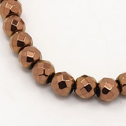 Copper Plated Electroplate Magnetic Synthetic Hematite Beads Strands, Faceted, Round, Copper Plated, 6mm, Hole: 1mm, about 32pcs/strand, 7.8 inch