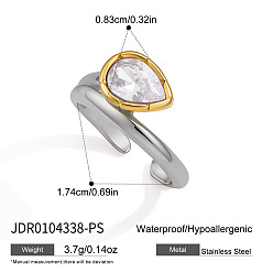 Golden & Stainless Steel Color 304 Stainless Steel Pave Clear Cubic Zirconia Cuff Open Rings, Teardrop, Golden & Stainless Steel Color, Inner Diameter: 17.4mm