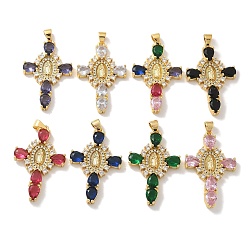 Настоящее золото 18K Латунные микро проложить кубического циркония подвески, со стеклом, без кадмия, без никеля и без свинца, крест с девственной мари, реальный 18 k позолоченный, 35.5x22.5x4 мм, отверстие : 4x3.5 мм