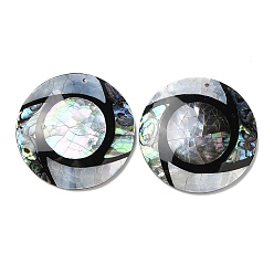 Mixed Shell Natural Freshwater Shell & Black Lip Shell & Paua Shell Pendants, Flat Round Charms with Eye Pattern, 47.5~48x8mm, Hole: 1.6mm
